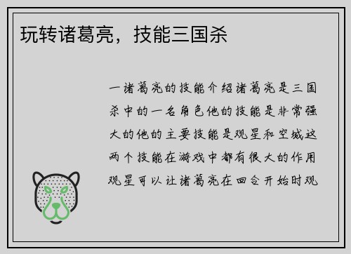 玩转诸葛亮，技能三国杀